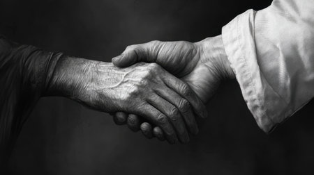 A touching black and white image capturing the moment of an elderly hand shaking with a younger hand, symbolizing connection, trust, and solidarity across generations.の素材