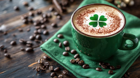 A vibrant green coffee cup features a charming shamrock design atop a creamy latte. Surrounded by coffee beans, this cozy scene evokes warmth and celebration.の素材