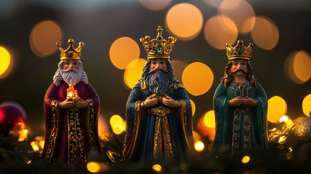 Beautiful scene featuring three wise kings figurines with detailed craftsmanship. Warm Christmas lights create a festive atmosphere perfect for the holiday spirit.の素材