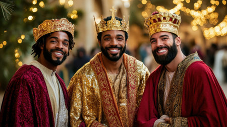 Three men in elaborate royal attire showcase their cultural heritage, radiating joy and unity. Their regal appearance celebrates a vibrant festival atmosphere.の素材