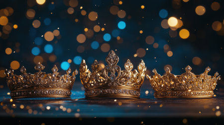 This image features three stunning golden crowns placed against a dreamy bokeh background. Each crown showcases intricate designs and sparkles, perfect for themes of royalty and elegance.の素材