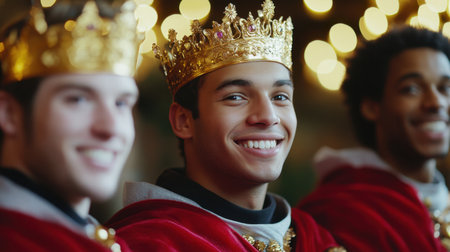 Three joyful kings adorned in crowns and regal robes, capturing the essence of celebration and tradition. Their smiles radiate warmth and camaraderie, perfect for conveying themes of friendship and festivity.の素材