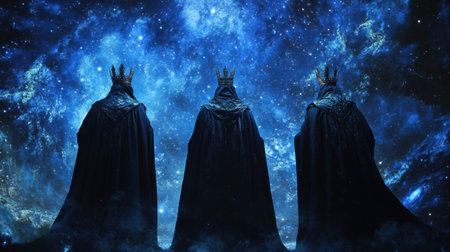Three majestic kings in dark cloaks stand against a stunning starry cosmic background, evoking feelings of power, mystery, and fantasy in an enchanting landscape.の素材