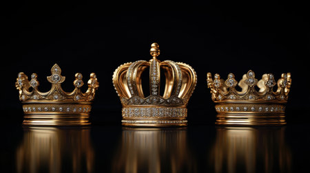 This stunning image showcases three ornate golden crowns, each uniquely designed, reflecting luxury and royalty against a dark background, perfect for celebratory themes.の素材