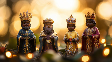 Four beautifully crafted figurines representing the Wise Men stand elegantly against a golden bokeh background, evoking the warmth of the holiday spirit.の素材