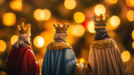 Beautifully crafted figurines of three kings in crowns against a soft, illuminated background, symbolizing celebration and spirituality during the holiday season.の素材