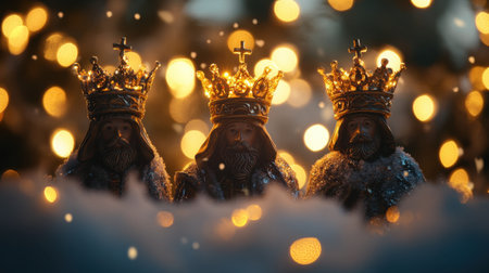 A captivating scene featuring three regal kings with crowns, beautifully illuminated by sparkling lights. Ideal for Christmas and holiday-themed projects.の素材