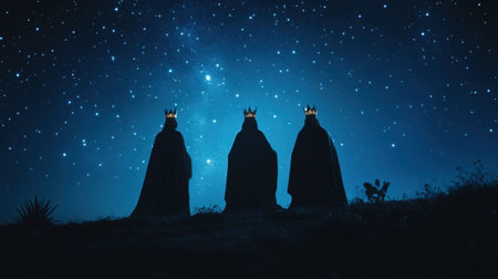Three majestic silhouettes wearing crowns stand in a peaceful landscape under a vast starry sky, creating a serene and enchanting atmosphere ideal for storytelling and cultural representation.の素材