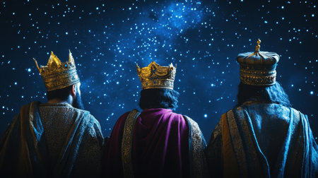 Three majestic kings stand atop a hill, gazing at a breathtaking starry night sky filled with cosmic wonders, symbolizing unity and exploration.の素材