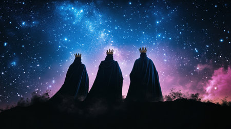 Three silhouetted figures wearing crowns stand against a stunning cosmic background filled with stars and vibrant colors, evoking a sense of mystery and majesty.の素材