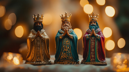 Three beautifully crafted kings figurines in vibrant colors with crowns and praying poses create a festive atmosphere perfect for holiday decorations.の素材