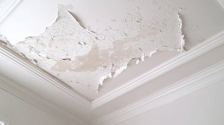 This image showcases a severely damaged ceiling with peeling paint, revealing signs of neglect and potential moisture issues. Ideal for renovation themes.の素材