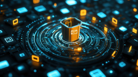 This image showcases a digital concept of waste management featuring a trash bin surrounded by glowing circuits, symbolizing the importance of electronic data disposal.の素材