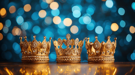 Three elegant gold crowns with intricate designs are showcased against a colorful bokeh background, creating a festive and luxurious atmosphere perfect for celebrations.の素材