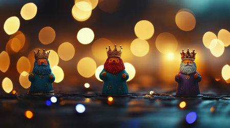 This charming image features three colorful toy kings set against a backdrop of warm, blurred lights, evoking a festive and joyful atmosphere perfect for holiday themes.の素材