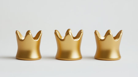 This image features three sleek gold crown-shaped decorative objects. Their modern design and shiny finish make them perfect for stylish displays and elegant decor.の素材