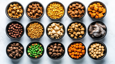 An organized display of various types of pet food in bowls. This image features a range of colors and textures, showcasing nutritious options for different pets. Perfect for pet care and nutrition themes.の素材