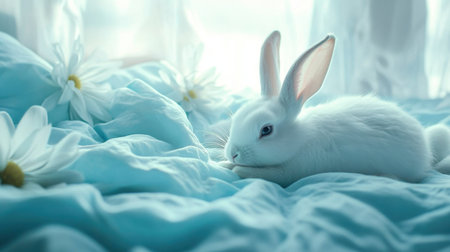 A cute white rabbit rests peacefully on a soft blue blanket surrounded by delicate flowers, capturing a serene and cozy atmosphere perfect for animal lovers.の素材