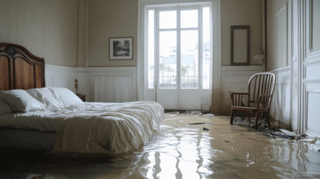 A flooded bedroom highlights an unexpected disaster with water covering the floor. The empty space evokes feelings of solitude and chaos in the aftermath.の素材