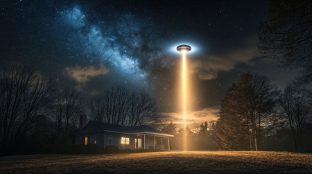 A captivating scene of a UFO hovering above a house, casting a shimmering beam of light on the grassy lawn. The backdrop features a mesmerizing starry night sky, creating a sense of mystery and adventure.の素材
