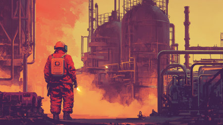 A lone industrial worker in protective gear stands amidst an oil refinery, with vibrant colors and steam creating a striking atmosphere of energy and industry.の素材