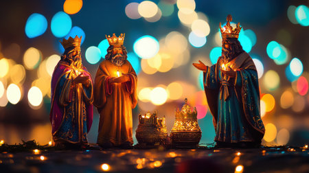 A beautifully crafted depiction of the Three Wise Men, illuminated by candlelight, celebrating the Nativity festival against a bokeh backdrop.の素材