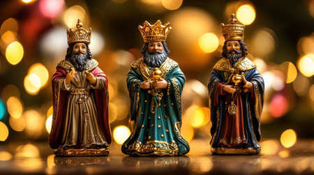 This enchanting image showcases three colorful king figurines set against a stunning blurred holiday backdrop, perfect for capturing the festive spirit.の素材