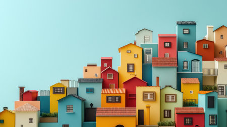 A dynamic arrangement of colorful miniature houses set against a blue background, reflecting creativity and artistic design in a charming, whimsical display.の素材
