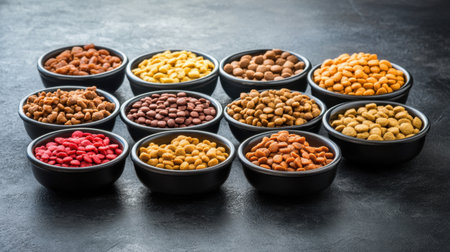 A vibrant array of assorted pet foods displayed in bowls on a dark table surface, showcasing the colorful textures and nutritional variety available for pets.の素材