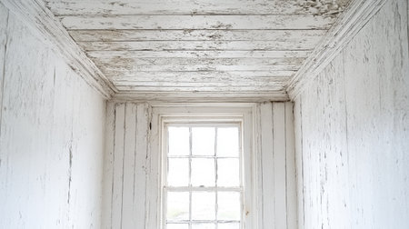 A serene and rustic interior featuring peeling white paint, textured walls, and a window that allows natural light to fill the space, creating a tranquil atmosphere.の素材