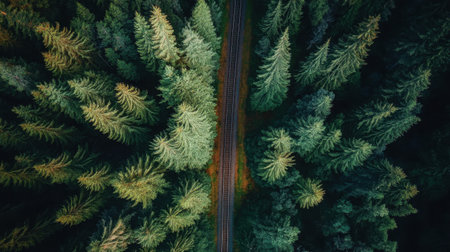 This aerial photo captures railroad tracks meandering through a vibrant green forest, highlighting the beauty of nature and the serenity of wilderness.の素材