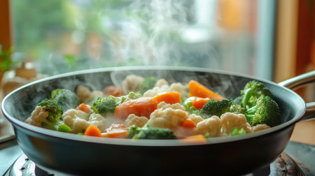 A vibrant assortment of fresh vegetables, including broccoli, cauliflower, and carrots, steams in a frying pan, showcasing healthy cooking in a cozy kitchen setting.の素材