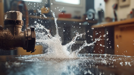 A dynamic image capturing the moment water splashes from a pipe in a workshop. The scene features motion blur and droplets, highlighting the energy and chaos of leaks.の素材