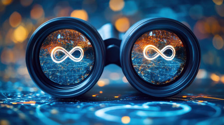 This imaginative image features binoculars reflecting an infinity symbol against a vibrant digital background, symbolizing limitless exploration and innovative vision.の素材