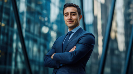 A confident businessman stands with arms crossed in a modern urban environment, showcasing his professional demeanor and success mindset against a glass backdrop.の素材