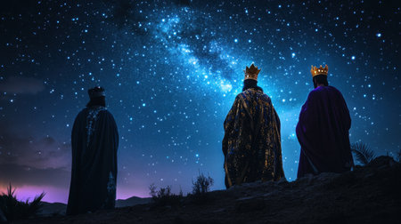 Three kings in regal attire stand silhouetted against a starry sky, admiring the beauty of the cosmos. This scene evokes a sense of wonder and majesty.の素材