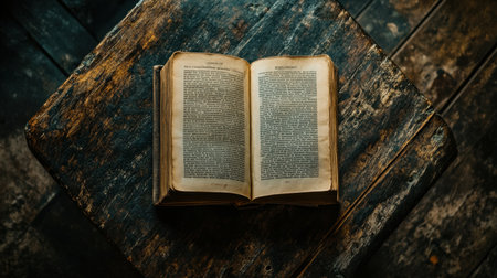 An open vintage book rests on a rustic wooden table, showcasing its detailed pages. This peaceful scene evokes a sense of nostalgia and a love for literature.の素材