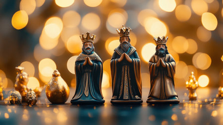 Three beautifully crafted king figurines are poised in prayer, set against a warm golden bokeh backdrop. Perfect for holiday celebrations or decorative displays.の素材