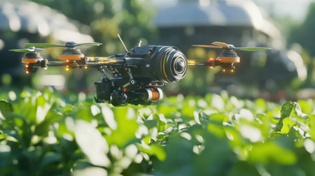 A high-tech drone hovers over a lush green crop field, capturing data to optimize farming practices. The bright sunlight highlights the innovative technology in agriculture.の素材