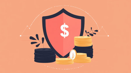 This illustration showcases a financial security concept featuring a shield symbolizing protection, alongside stacks of coins representing wealth and investment.の素材
