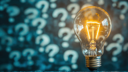 A glowing light bulb with an illuminated filament stands against a backdrop of question marks, symbolizing ideas, inspiration, and creative problem-solving amidst uncertainty.の素材