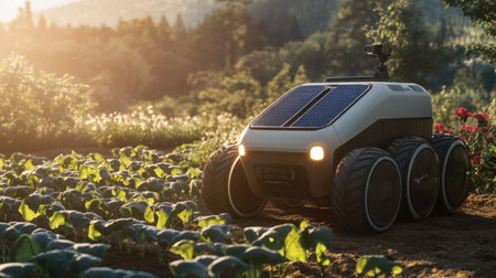A solar-powered robot operates in a lush agricultural field at sunrise, showcasing the integration of technology and nature in modern farming practices.の素材