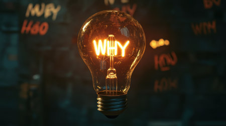 An artistic depiction of a glowing light bulb featuring the word "WHY," symbolizing inquiry and inspiration. A visually striking image perfect for creative concepts.の素材