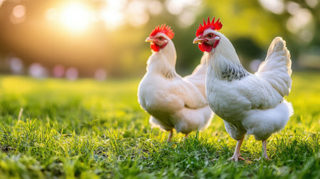 Two white chickens stroll across lush green grass during sunset, capturing a tranquil moment in farm life. The warm sunlight enhances the serene atmosphere, perfect for nature lovers.の素材