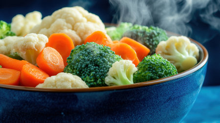 A bowl of freshly steamed vibrant vegetables featuring broccoli, cauliflower, and carrots. The steam rises from the nutritious mix, showcasing healthy eating.の素材