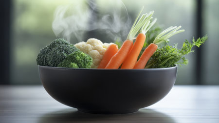 A vibrant assortment of fresh vegetables including broccoli, carrots, and cauliflower, emitting steam, arranged in a sleek black bowl on a wooden table.の素材
