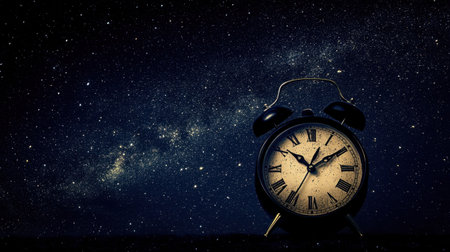 A vintage alarm clock sits prominently in the foreground of a stunning starry night sky, evoking a sense of nostalgia and wonder in a peaceful cosmic scene.の素材