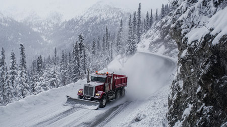 A red snow plow truck navigates a snowy mountain road, clearing the path through a winter wonderland. Trees adorned with snow frame the scene, capturing the essence of winter.の素材