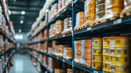 A well-organized aisle in a modern warehouse filled with neatly packed storage cans on metal shelves, showcasing efficient inventory management and logistics practices.の素材