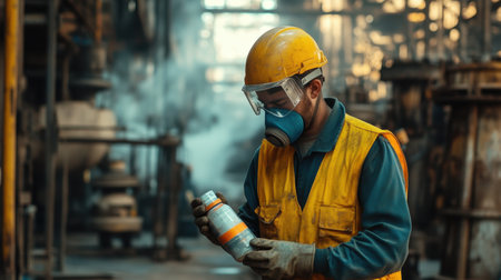 A worker in a yellow vest and mask holds a spray can, surrounded by industrial machinery. The setting highlights safety measures in a busy factory environment.の素材